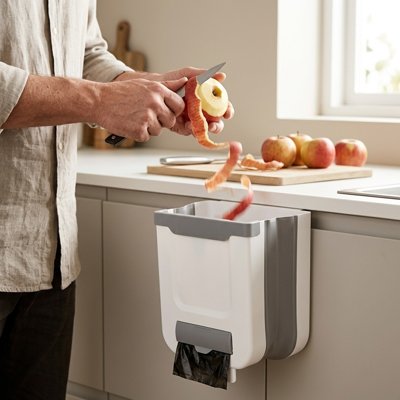 Personne epluchant pomme au dessus poubelle sous evier