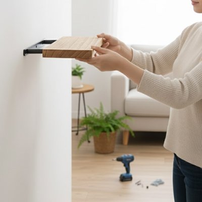 PERSONNE INSTALLANT ETAGERE BOIS CUISINE MARRON AU MUR