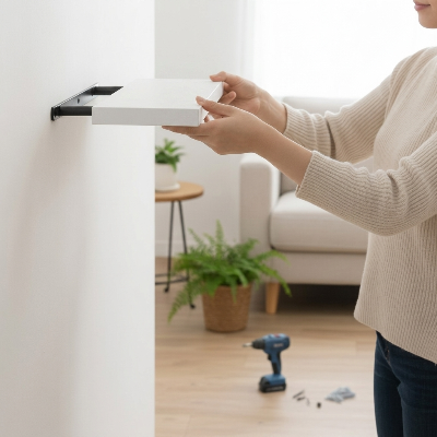 Personne installant etagere bois cuisine blanche au mur