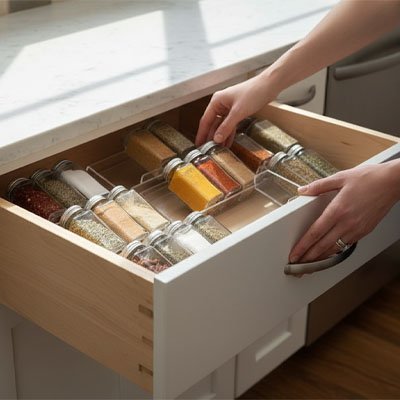 Personne manipulant un pot d'épices sur rangement epices tiroirs