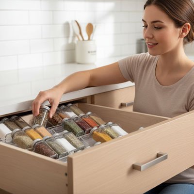 Personne prenant un pot dans tiroir sur rangement epices tiroirs