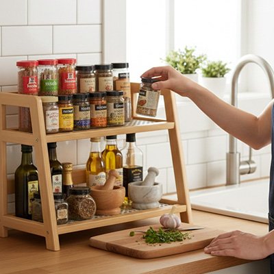 Personne prenant un pot sur etagere a epices