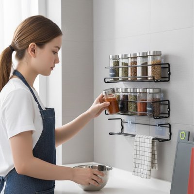 Personne qui cuisine prenant un pot sur étagère à épices