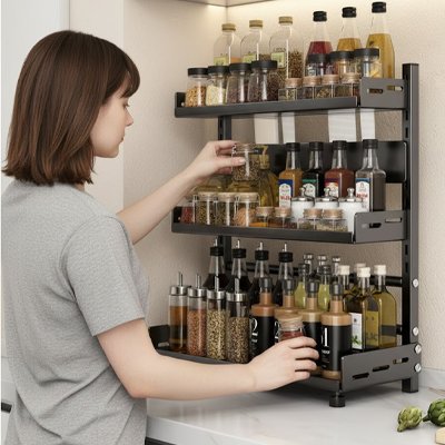 Personne qui dépose des pots épices dans rangement à épices 