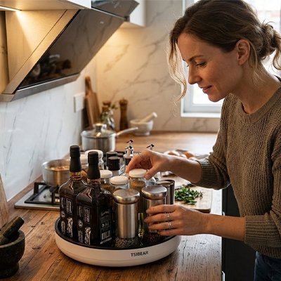 Personne qui place des pots dans range epice sur comptoir