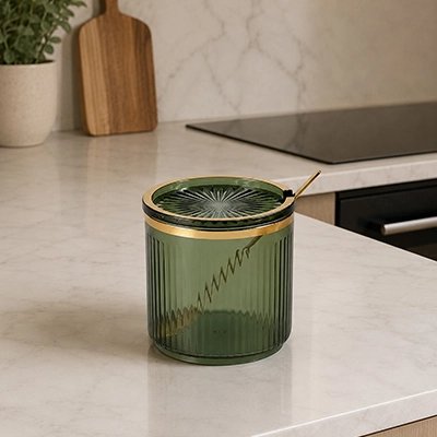 Pot a epice vide vert et or sur comptoir