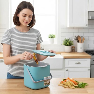 Poubelle cuisine bleue avec couvercle et poignée pratique