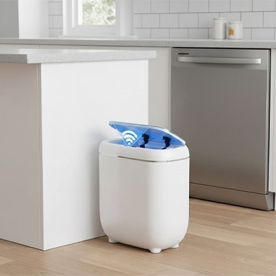 poubelles de cuisine ouverte accolee au plan de travail