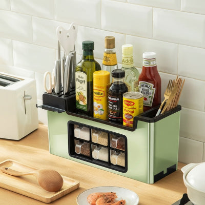 range epice bleu-vert sur un comptoir