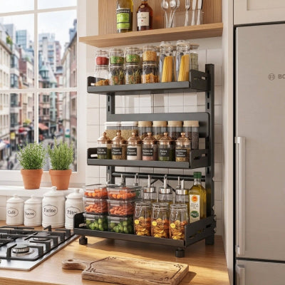 rangement à épices entre frigo et plaque de cuisson