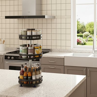 Rangement epices à trois plateaux sur un îlot