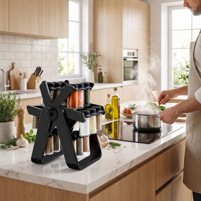 rangement pour épices à côté d'une personne qui cuisine