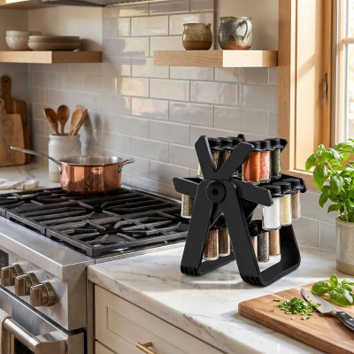 rangement pour épices sur comptoir à côté de la cuisinière
