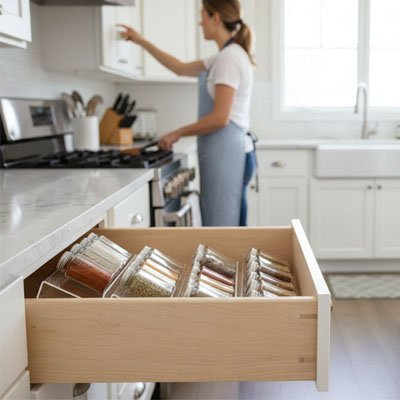 Tiroir ouvert avec rangement epices tiroirs et personne cuisinant en arrière-plan