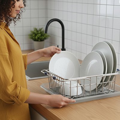VAISSELLE DANS EGOUTTOIR VAISSELLE INOX QUI NE ROUILLE PAS